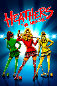 Poster for the Heathers The Musical. A drawing of the back of 3 slender ladies, each dressed in all green, all red, and all yellow.