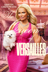 Kristen Chenoweth is in a tight pink halter dress holding a fluffy white dog with her right hand and a half-empty plastic cup with a straw with her left hand. The words "The Queen of Versailles" are written on top of her image in white text.