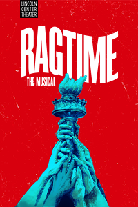 Turquoise hands grabbing a torch resembling the torch held by the statue of liberty. Ragtime is written above like a waving flag in white.